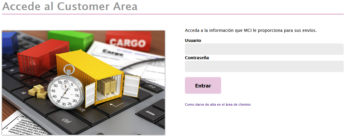 Captura de pantalla con una sección de la pantalla de acceso al &quotCustomer Area" de MCI.